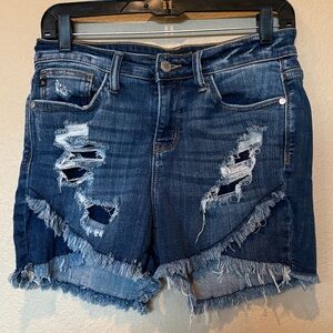 Judy Blue Tulip/Crossover Hem Shorts Distressed Stretch Denim - Women's